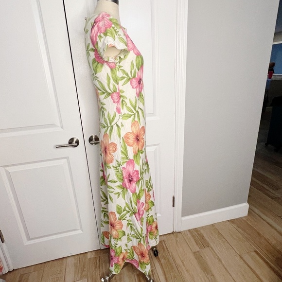 Talbots Size 6 Linen Maxi Dress Tropical Floral Print Cream Pink Green - Picture 4 of 7